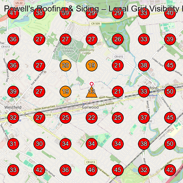Powell's Roofing & Siding GeoGrid visibility map for Roofing Contractor in None